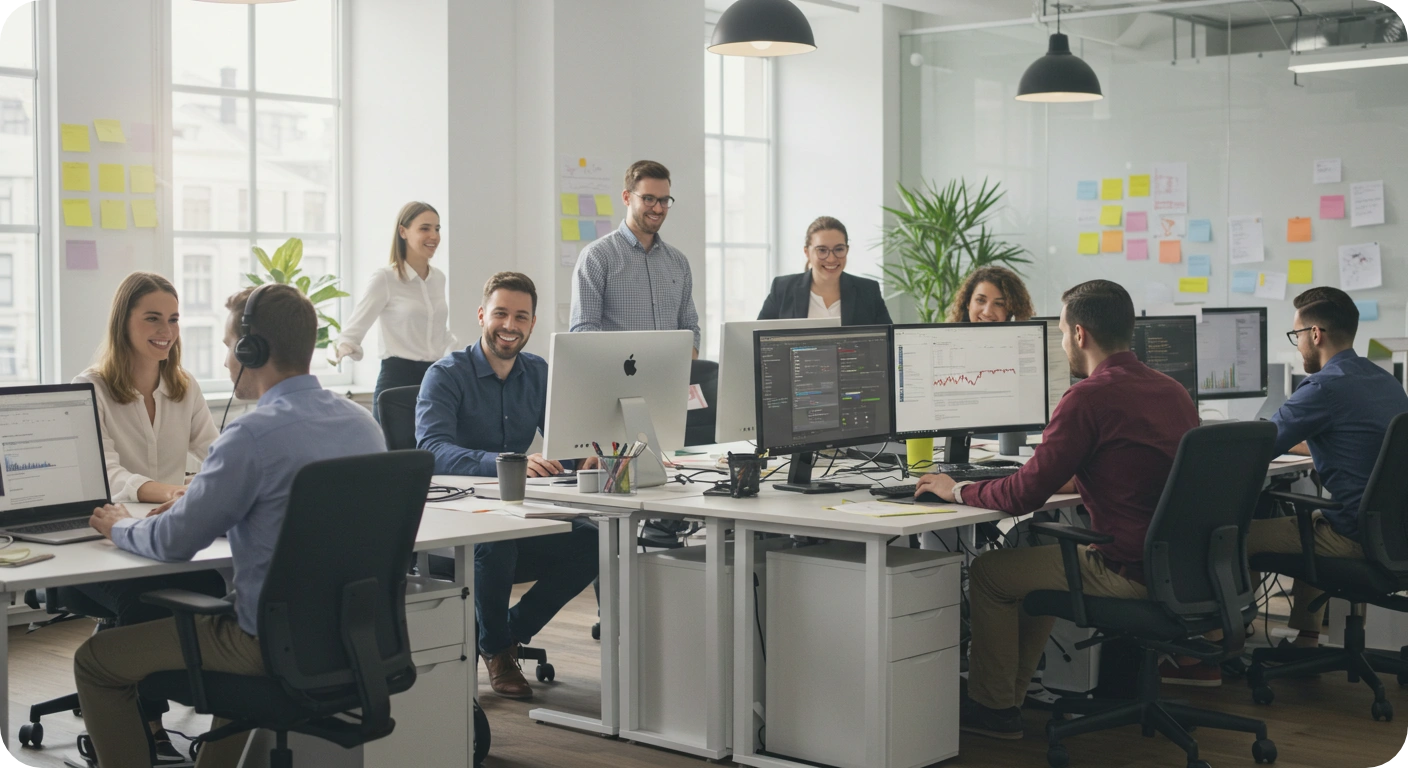 An office space with employees focused on core tasks (sales, marketing, development)