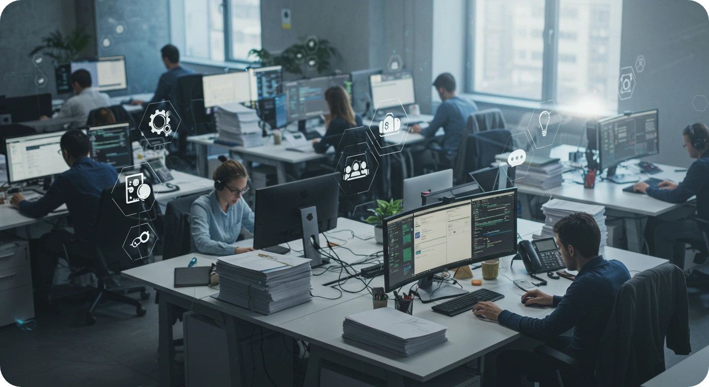 A busy office environment with employees working at desks, papers and computer screens displaying operational tasks