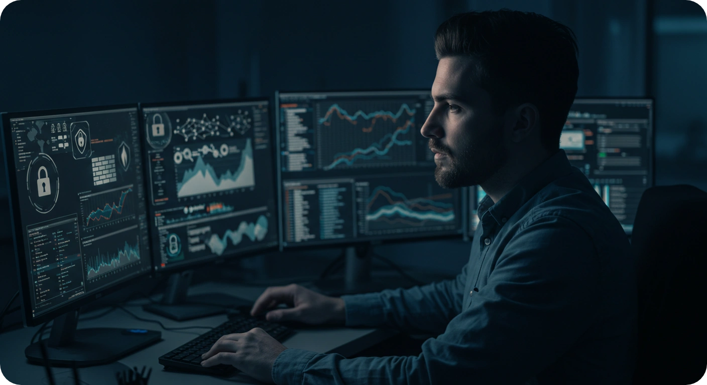 An IT specialist monitoring network security on multiple screens