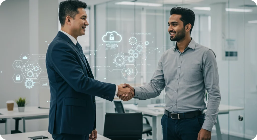 A professional IT consultant shaking hands with a small business owner