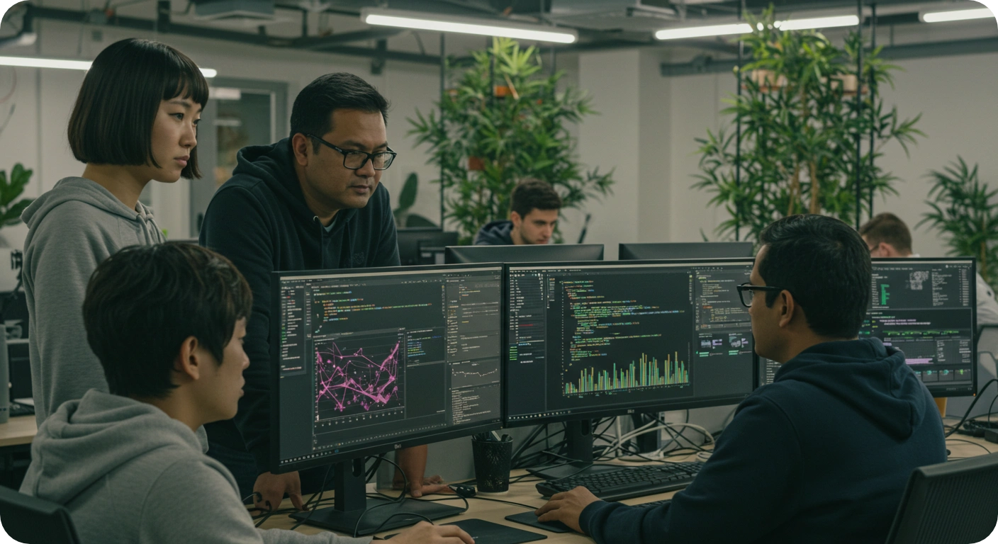 A diverse team of IT professionals collaborating in an office
