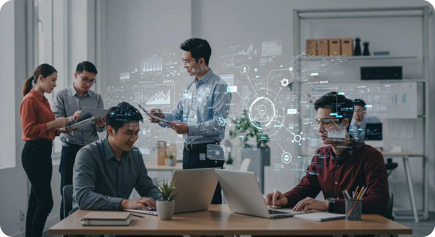A small team focused on creative business tasks while IT professionals in the background manage tech systems