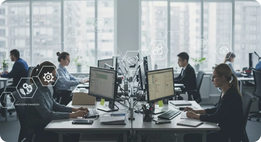 A busy office environment with employees working at desks, papers and computer screens displaying operational tasks