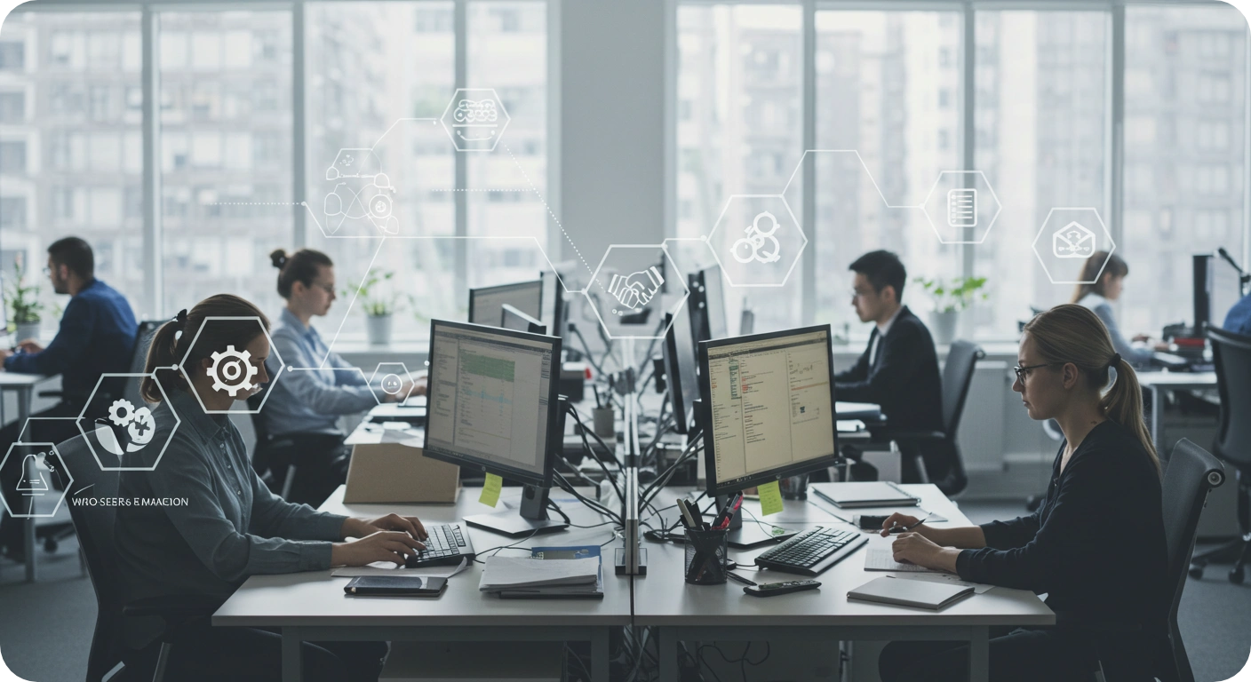 A busy office environment with employees working at desks, papers and computer screens displaying operational tasks