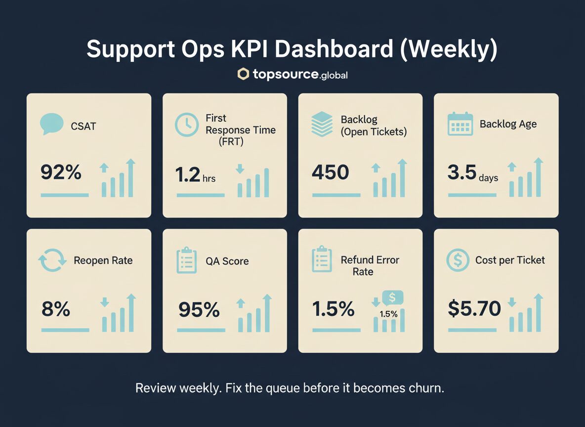 E-commerce customer support operations KPI dashboard: CSAT, first response time, backlog age, QA score, reopen rate