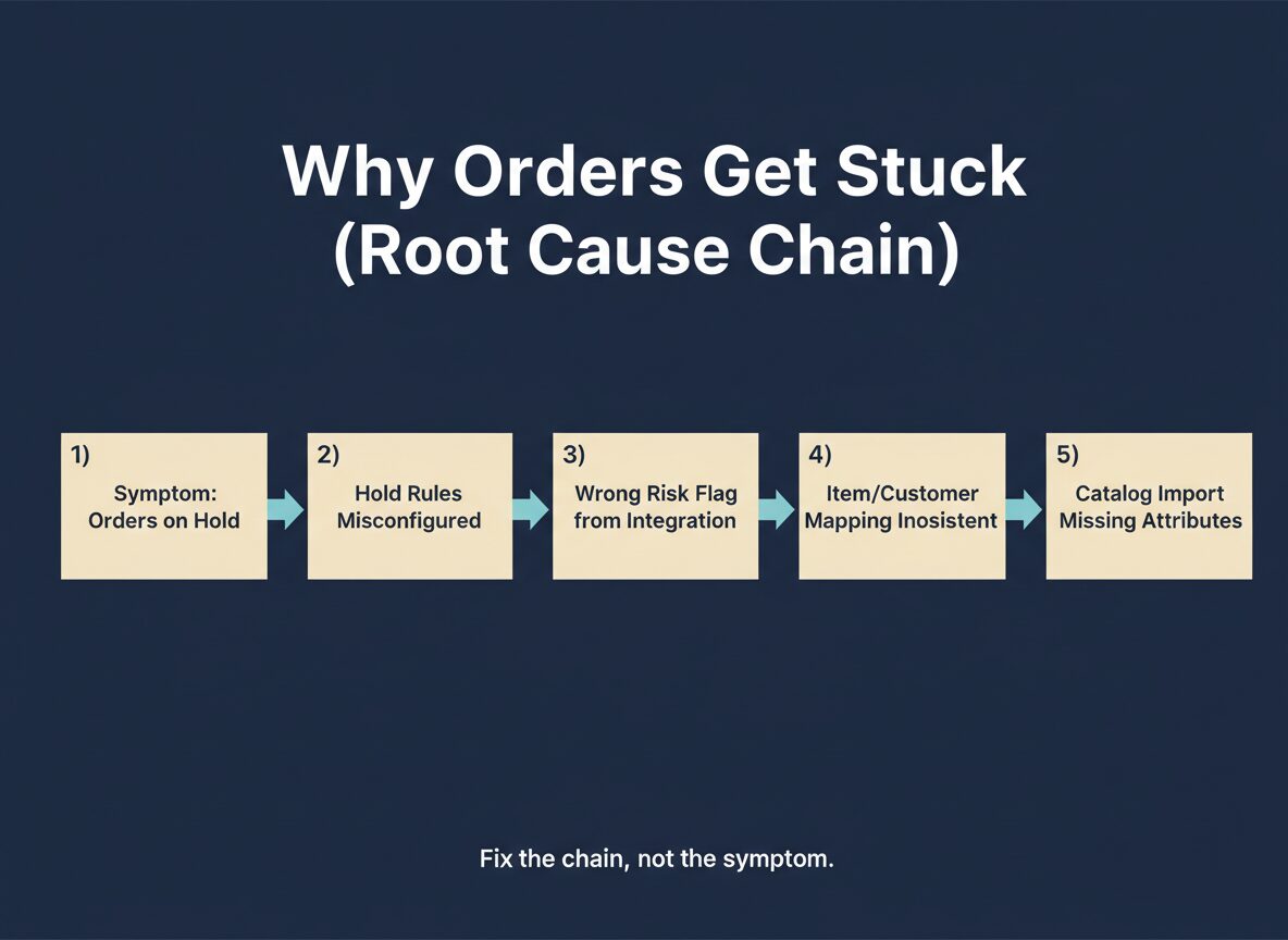Post go-live chaos root cause chain: orders on hold, misconfigured rules, wrong integration flags, inconsistent mapping, missing attributes
