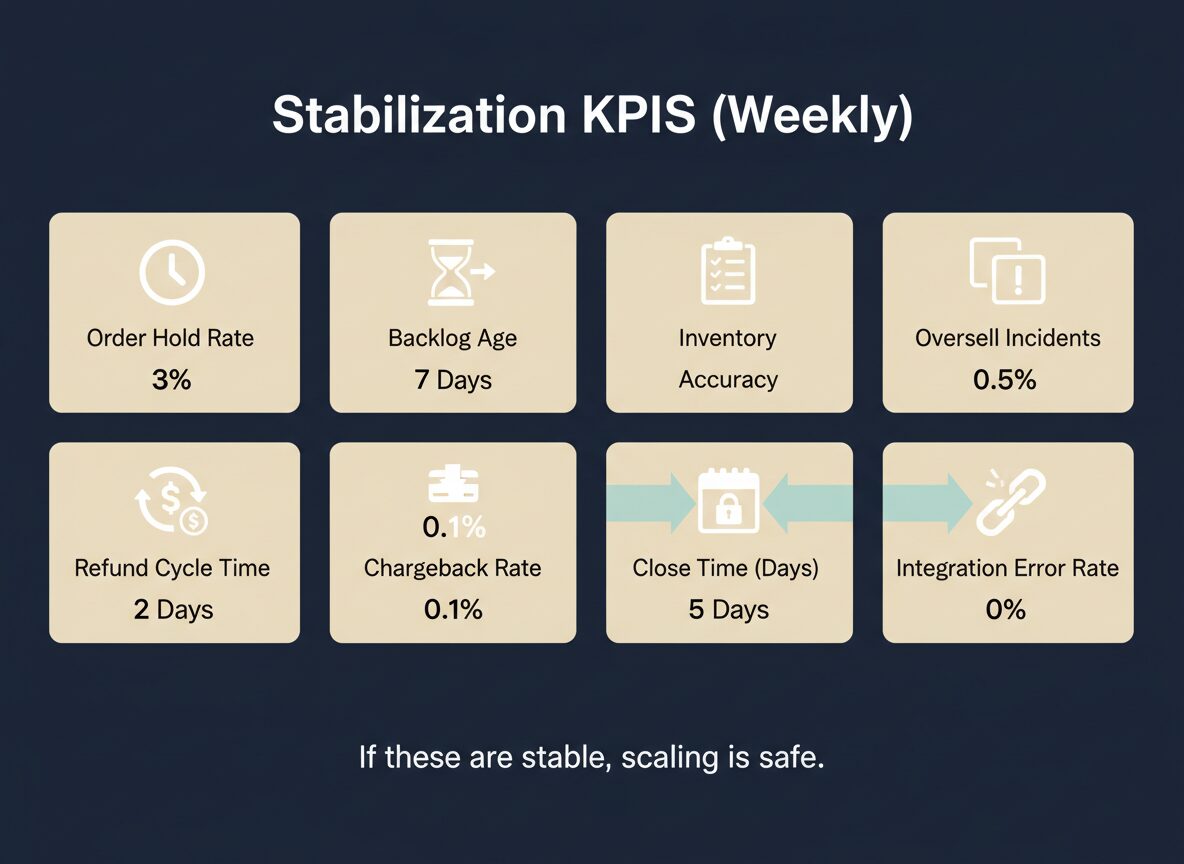 Post go-live chaos stabilization KPIs: order hold rate, backlog age, inventory accuracy, oversells, refund cycle time, chargebacks, close time, integration errors