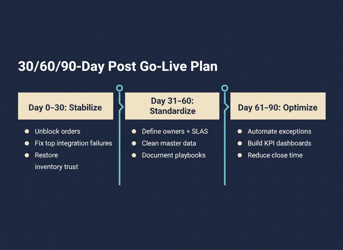 Post go-live chaos 30/60/90-day plan: stabilize, standardize, optimize with automation and KPI dashboards