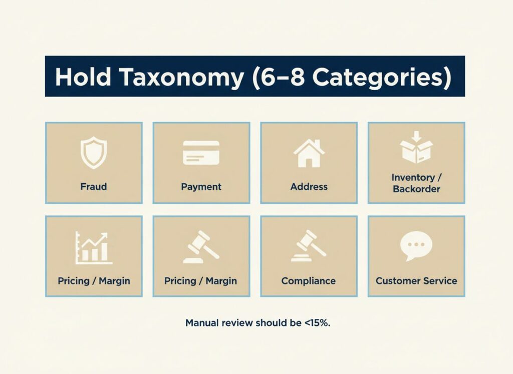 Order holds playbook hold taxonomy with categories: fraud, payment, address, inventory/backorder, pricing/margin, compliance, customer service.