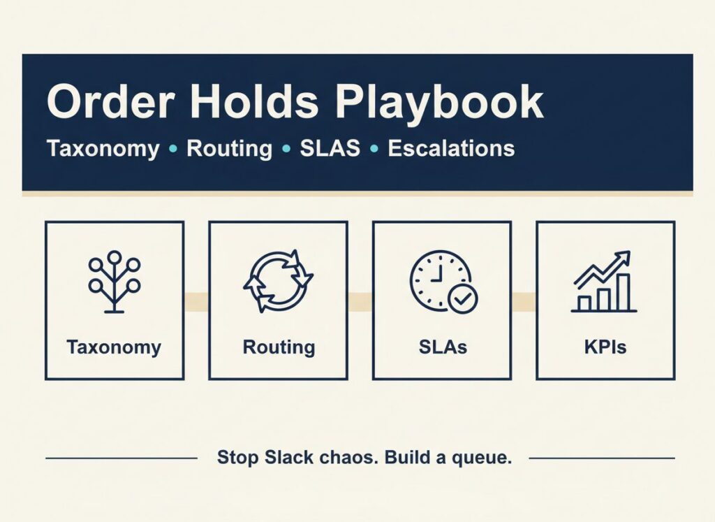 Order holds playbook overview: taxonomy, routing, SLAs, escalations, and KPIs to stop orders getting stuck in NetSuite e-commerce.