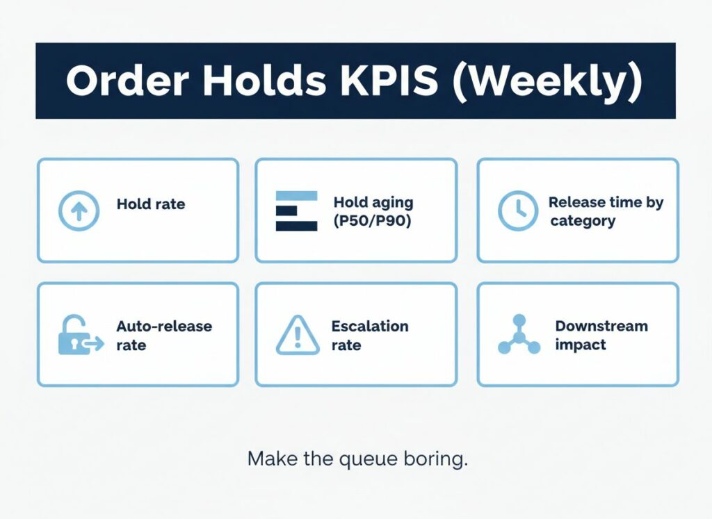 Order holds playbook weekly KPIs dashboard: hold rate, hold aging P50/P90, release time by category, auto-release rate, escalation rate, downstream impact