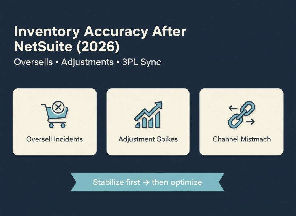 nventory accuracy after NetSuite (2026) hero graphic with KPI cards: oversell incidents, adjustment spikes, channel mismatch