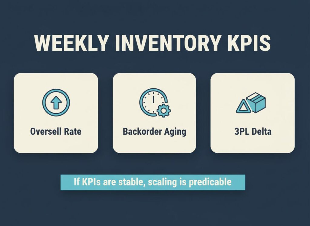 Inventory accuracy after NetSuite weekly inventory KPIs graphic: oversell rate, backorder aging, 3PL delta