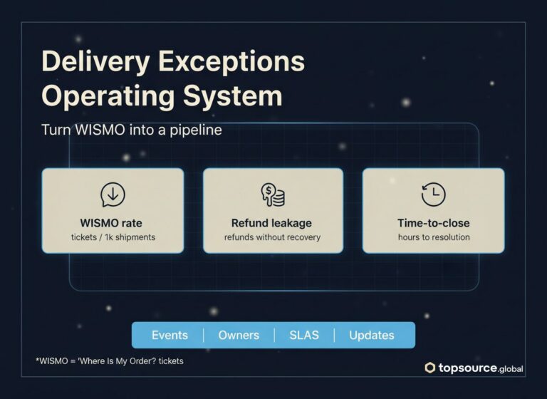 delivery exceptions operating system hero image with WISMO definition footnote and KPI cards