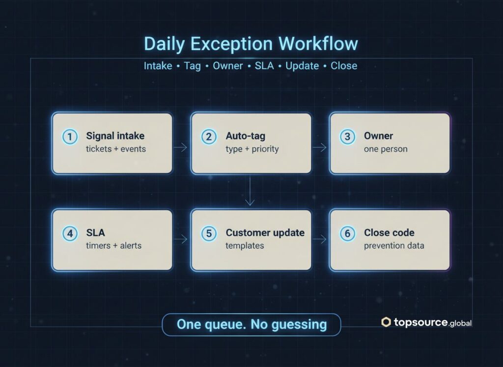 delivery exceptions operating system daily workflow image showing intake, tagging, owner, SLA, updates, and close codes