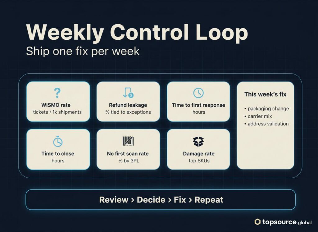delivery exceptions operating system weekly control loop KPI dashboard image with WISMO rate, refund leakage, and SLA metrics