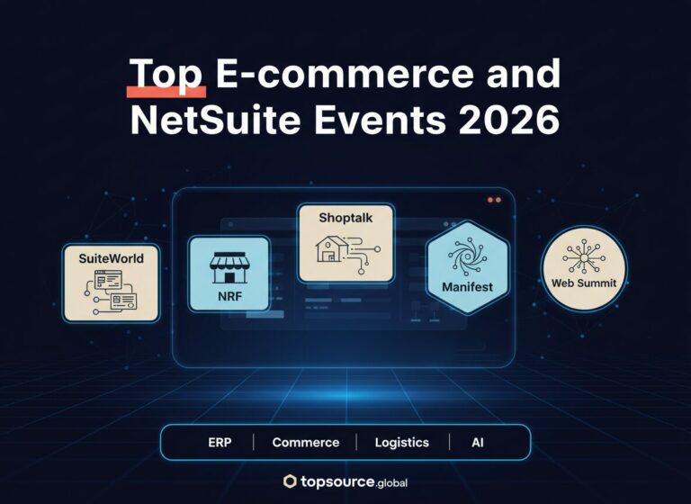 e-commerce and NetSuite events 2026 hero image with conference cards for ERP, retail, logistics, and AI