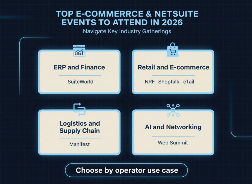 e-commerce and NetSuite events 2026 grouped by ERP retail logistics and AI categories