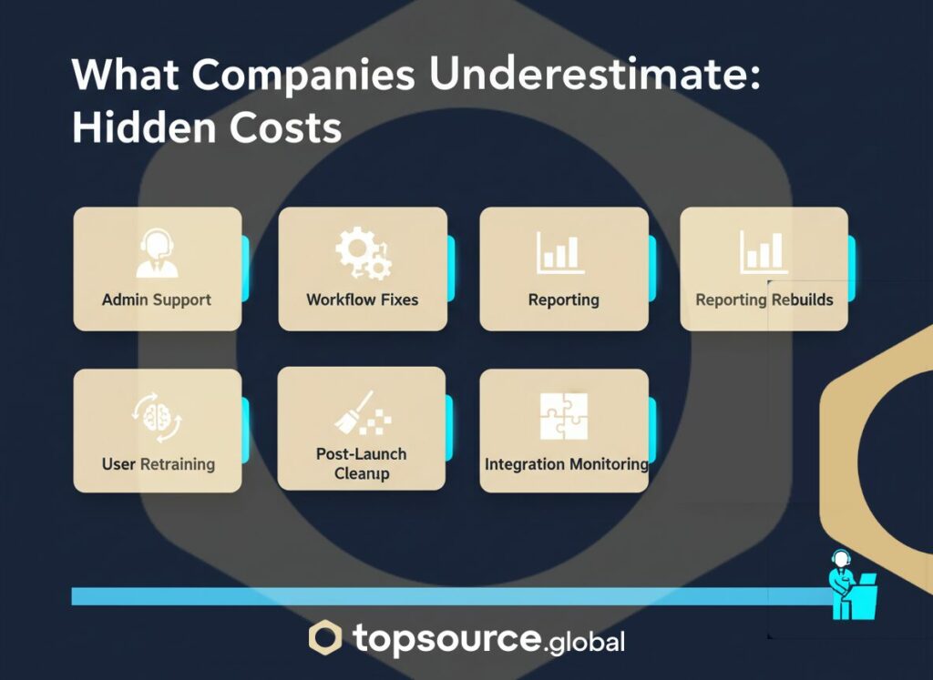 NetSuite pricing hidden costs: admin support, workflow fixes, reporting rebuilds, user retraining, integration monitoring, post-launch cleanup