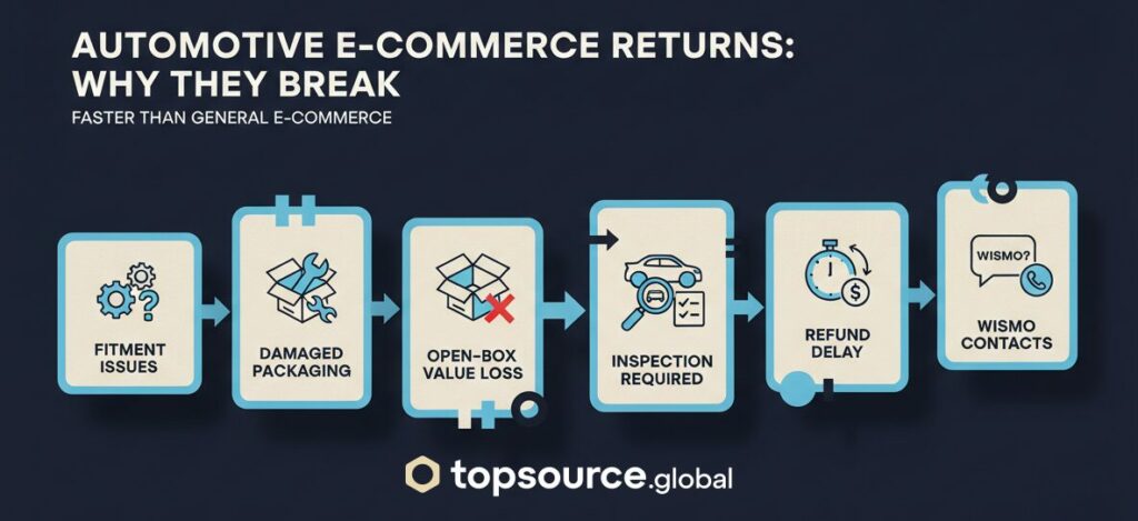 Automotive e-commerce returns bottlenecks caused by fitment issues, inspection, refund delay, and WISMO contacts