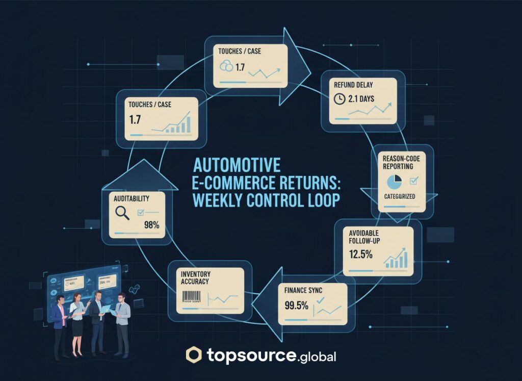 Automotive e-commerce returns dashboard for weekly review of refund delay, auditability, and inventory accuracy