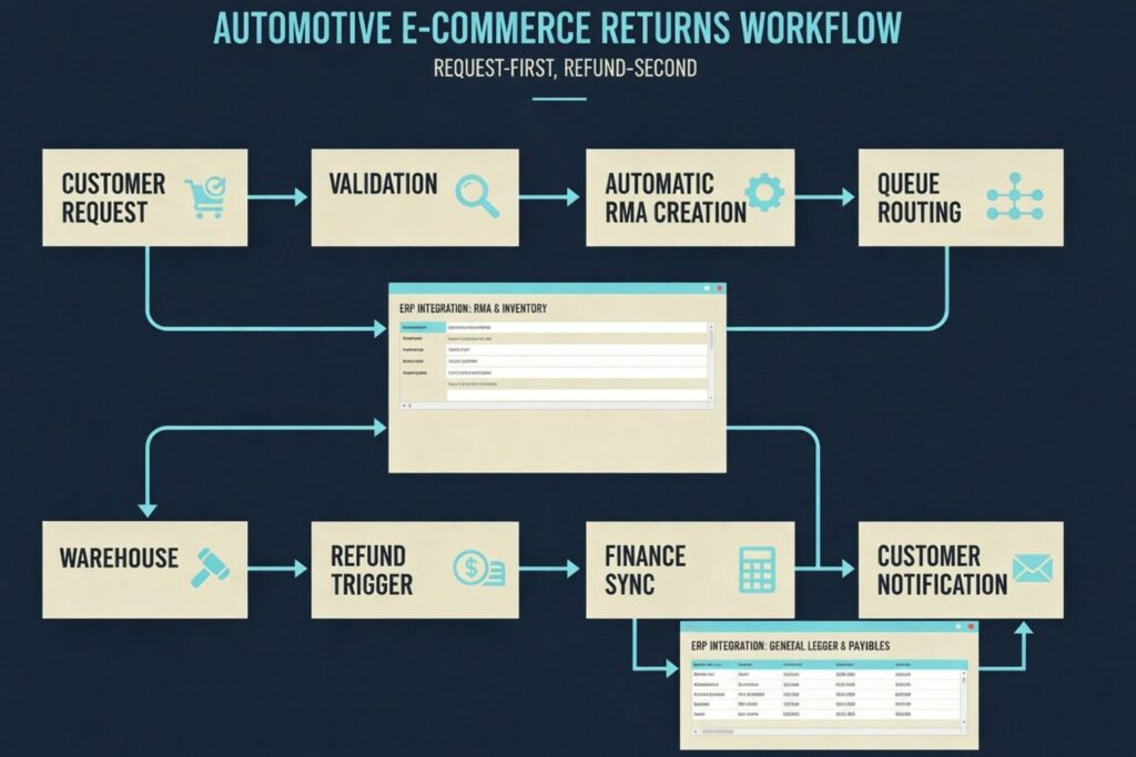 Image created • Automotive returns hero

Create a premium enterprise editorial illustration for a B2B article about automotive e-commerce returns. 4:3 landscape. Dark navy background (#001f3f), beige cards (#ead8b1), light blue accents (#76c2e3), neo-brutalist SaaS style with subtle 3D depth, glass panels, thin grid lines, high contrast. Show an operations workflow around returns, RMA, refund, inventory, and NetSuite-style ERP coordination. Include readable module cards such as 'RMA Intake', 'Refund Workflow', 'Inventory Status', 'Warehouse Review', 'Finance Sync'. Add a professional operator character reviewing return cases on a dashboard. Large readable typography, polished enterprise look, minimal clutter, no logos, no watermarks.

Edit with AI

Download

Save to Brain
Image created • Returns bottleneck visual

Create a premium enterprise infographic for a B2B article about automotive e-commerce returns. 4:3 landscape. Dark navy background (#001f3f), beige cards (#ead8b1), light blue accents (#76c2e3), modern SaaS / neo-brutalist style with subtle 3D depth. Visualize why automotive returns break faster than general e-commerce: fitment issues, damaged packaging, open-box value loss, inspection required, refund delay, WISMO contacts. Show these as connected modules or cards in a clean workflow. Large readable labels, elegant layout, enterprise-grade visual, no logos, no watermarks.

Edit with AI

Download

Save to Brain
Image created • RMA refund workflow

Create a premium enterprise infographic for a B2B article about automotive e-commerce returns. 4:3 landscape. Dark navy background (#001f3f), beige cards (#ead8b1), light blue accents (#76c2e3), neo-brutalist SaaS style with subtle 3D depth. Show a structured request-first, refund-second workflow: Customer Request, Validation, Automatic RMA Creation, Queue Routing, Warehouse/Inspection, Refund Trigger, Finance Sync, Customer Notification. Include NetSuite-style ERP panels and arrows connecting stages. Large readable text, polished enterprise layout, minimal clutter, no logos, no watermarks.

Edit with AI

Download

Save to Brain
Image created • Returns weekly loop

Create a premium enterprise editorial infographic for a B2B article about automotive e-commerce returns. 4:3 landscape. Dark navy background (#001f3f), beige cards (#ead8b1), light blue accents (#76c2e3), neo-brutalist SaaS aesthetic with subtle 3D depth, glass panels, thin grid lines. Show a weekly control loop dashboard for returns operations with modules for touches per case, refund delay, auditability, reason-code reporting, avoidable follow-up, inventory accuracy, finance sync. Include a looped workflow feel and an operator team reviewing metrics. Large readable text, high contrast, modern enterprise look, minimal clutter, no logos, no watermarks.

Edit with AI

Download

Save to Brain
Done — I generated a new image set that actually matches the Automotive e-commerce returns article.
Below is the full pack with image links, alt text, caption/description, and exact placement in the article.
1) Hero image
Image: Automotive returns hero
Alt text
 Automotive e-commerce returns workflow with RMA, refund, inventory, and finance coordination
Description / caption
 Automotive e-commerce returns create margin leakage when RMA, refund, warehouse, and finance workflows are not synchronized.
Where to insert
 Place it right after the introduction, before the first H2:
Why automotive e-commerce returns break faster than general e-commerce
Best use
 Use this one as the featured image too.
2) Bottleneck image
Image: Returns bottleneck visual
Alt text
 Automotive e-commerce returns bottlenecks caused by fitment issues, inspection, refund delay, and WISMO contacts
Description / caption
 Automotive returns break faster when fitment, packaging, inspection, and refund timing create extra operational handoffs.
Where to insert
 Place it under:
Why automotive e-commerce returns break faster than general e-commerce
Best position: after the paragraph that starts with:
 A beauty brand can often restock a returned item and move on. Automotive is different.
3) Request-first workflow image
Image: RMA refund workflow
Alt text
 Automotive e-commerce returns process with request-first and refund-second workflow in NetSuite