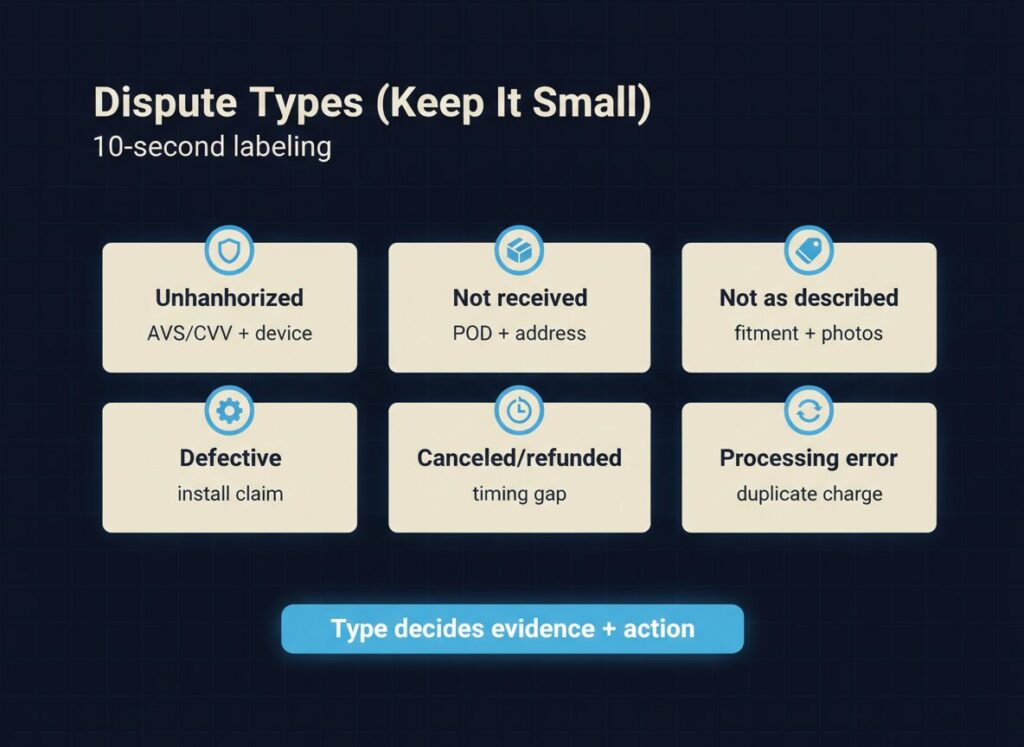 chargebacks playbook dispute taxonomy image with six dispute types and action hints
