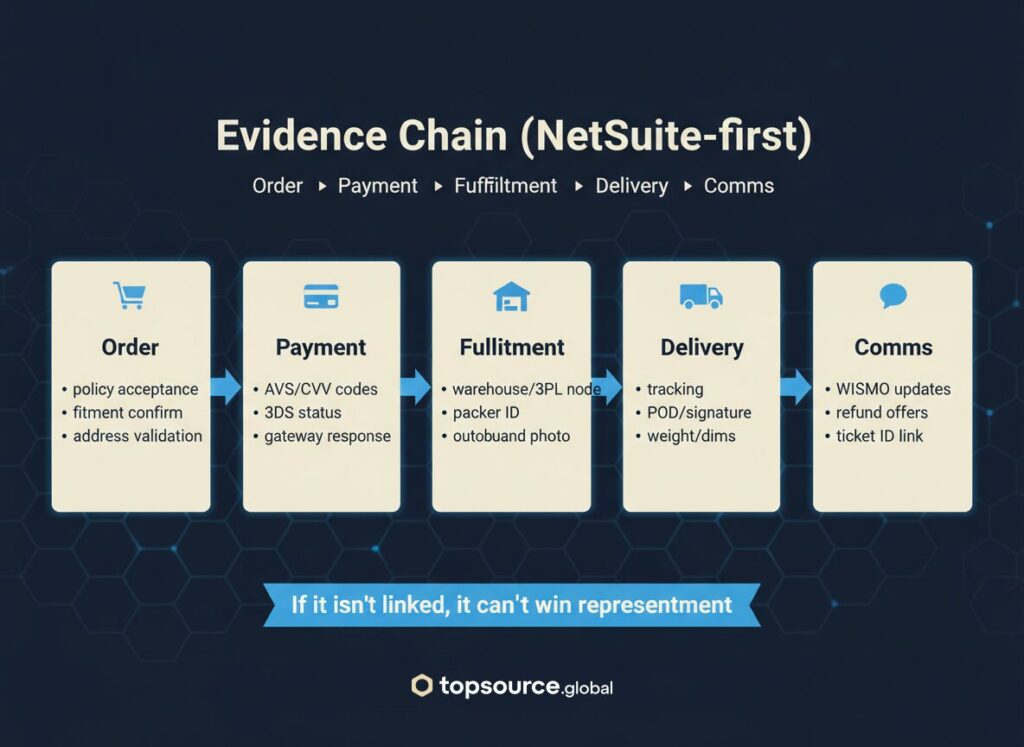 chargebacks playbook evidence chain image for NetSuite-first e-commerce from order to delivery and comms