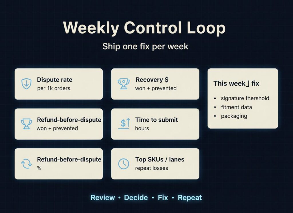 chargebacks playbook weekly control loop KPI dashboard image showing dispute rate win rate recovery and time to submit