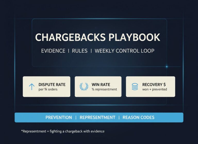 chargebacks playbook hero image with representment definition and KPI cards
