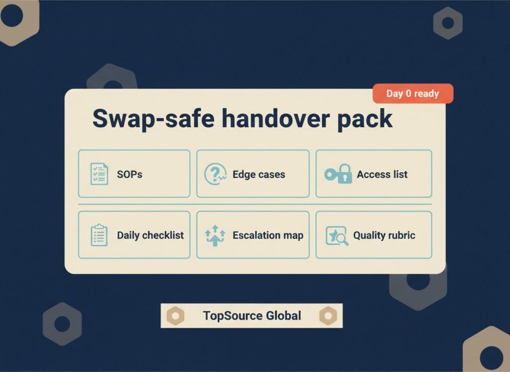 Swap-safe handover pack checklist for replacement guarantee in BPO with SOPs, edge cases, access list, daily checklist, escalation map, and quality rubric
