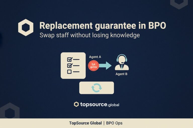 Replacement guarantee in BPO featured image showing a swap-safe handoff with QA gates and a checklist
