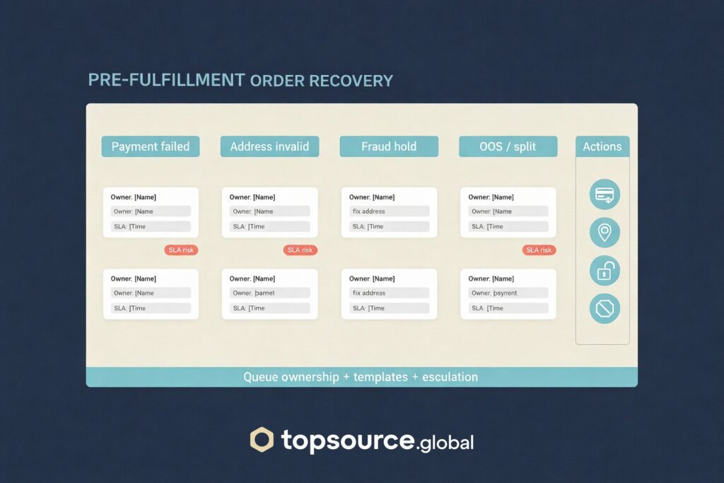 Pre-fulfillment order recovery dashboard with queues for payment failed, address invalid, fraud hold, and OOS split