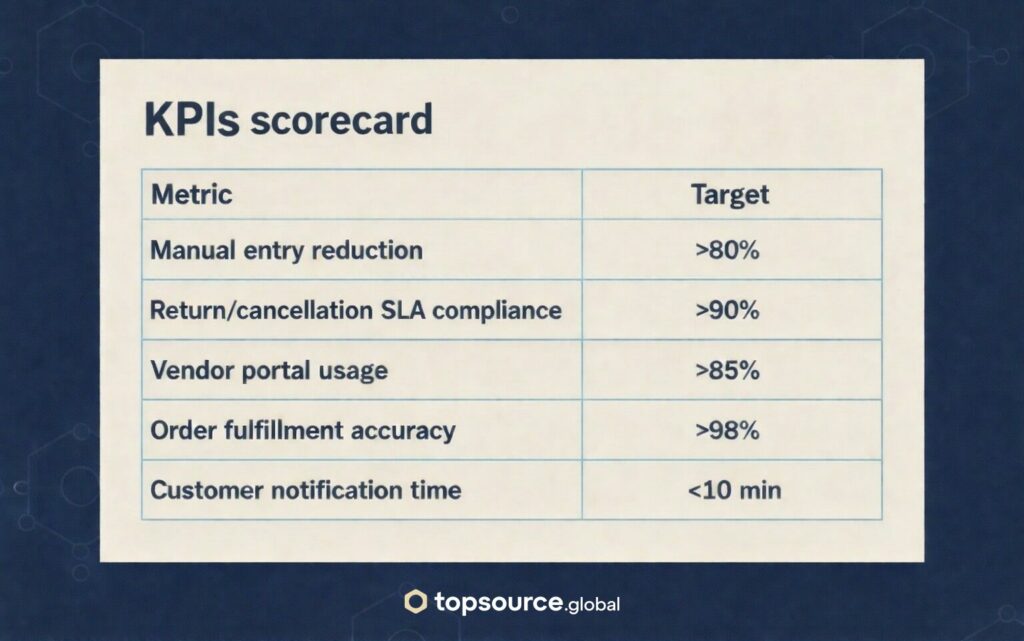 KPI tiles for NetSuite drop ship vendor portal including manual entry reduction, SLA compliance, portal usage, fulfillment accuracy, and customer notification time