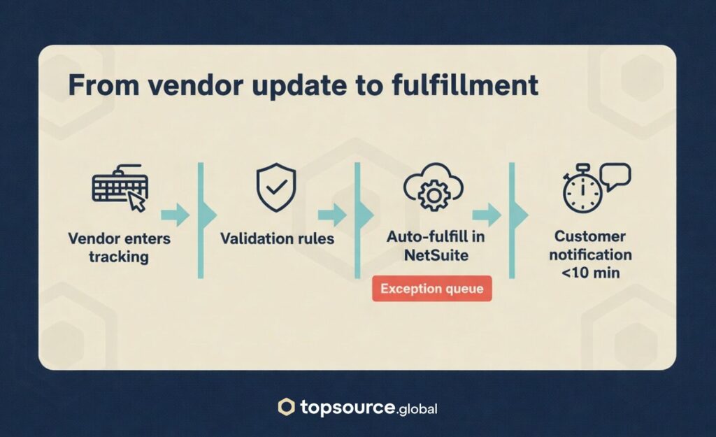 Swimlane workflow for NetSuite drop ship vendor portal showing vendor tracking and RMA updates mapped to NetSuite validation, fulfillment, notifications, and audit logging.