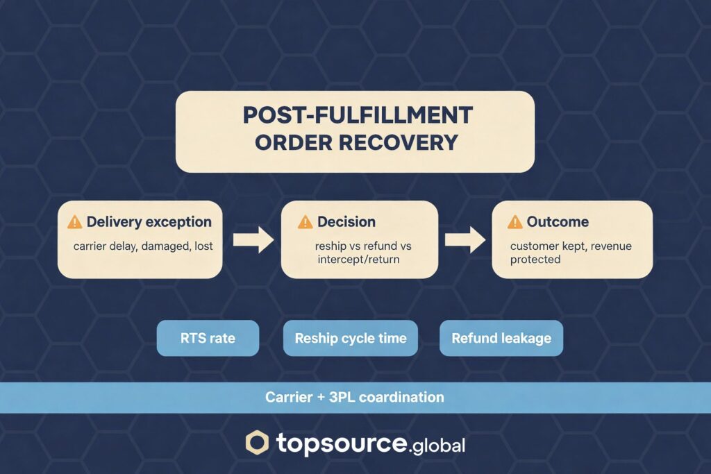 Post-fulfillment order recovery flow showing delivery exception, decision, and outcome with KPI tiles