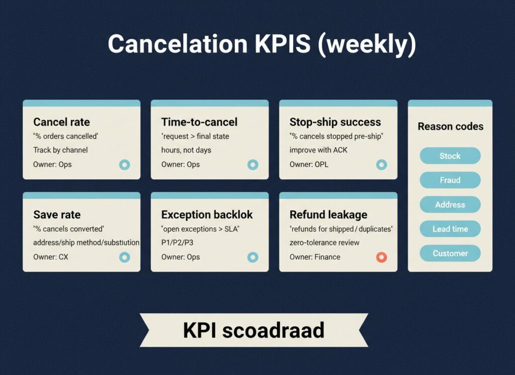 Cancellation KPIs weekly scorecard for cancellation management outsourcing with cancel rate, time-to-cancel, stop-ship success, save rate, exception backlog, and refund leakage