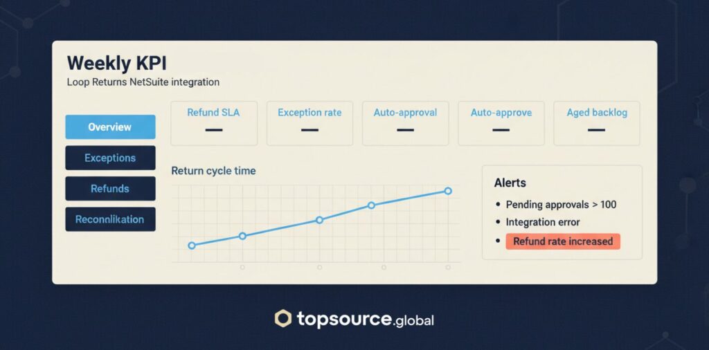 Weekly KPI scorecard dashboard for Loop Returns NetSuite integration including cycle time, refund SLA, exception rate, and aged backlog