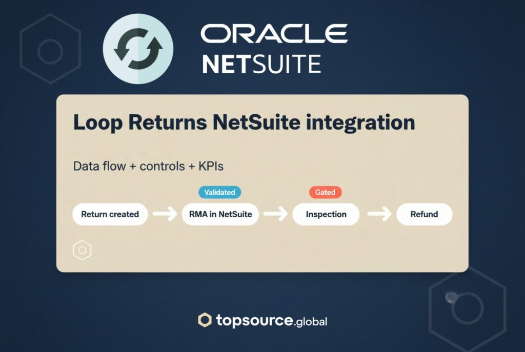 Loop Returns NetSuite integration hero graphic showing system of record, exception queue, and KPI scorecard modules