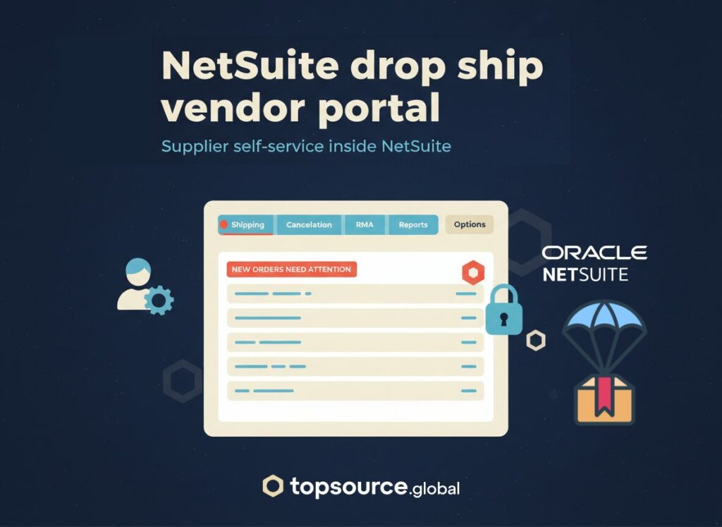 NetSuite drop ship vendor portal hero showing a dashboard card with shipping status chips and role-based access.