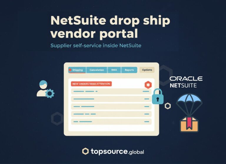 NetSuite drop ship vendor portal hero showing a dashboard card with shipping status chips and role-based access.