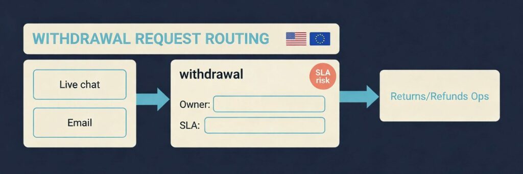 Withdrawal request routing diagram with live chat and email feeding an EU_WITHDRAWAL queue, with USA and EU flags