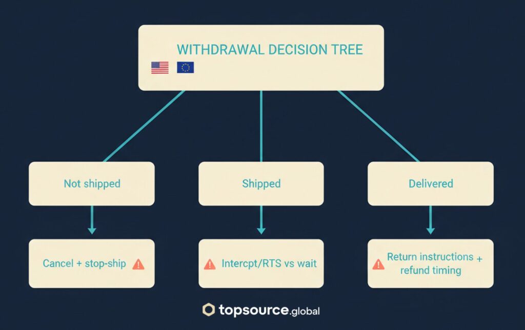 Withdrawal decision tree for not shipped, shipped, and delivered orders, with USA and EU flags
