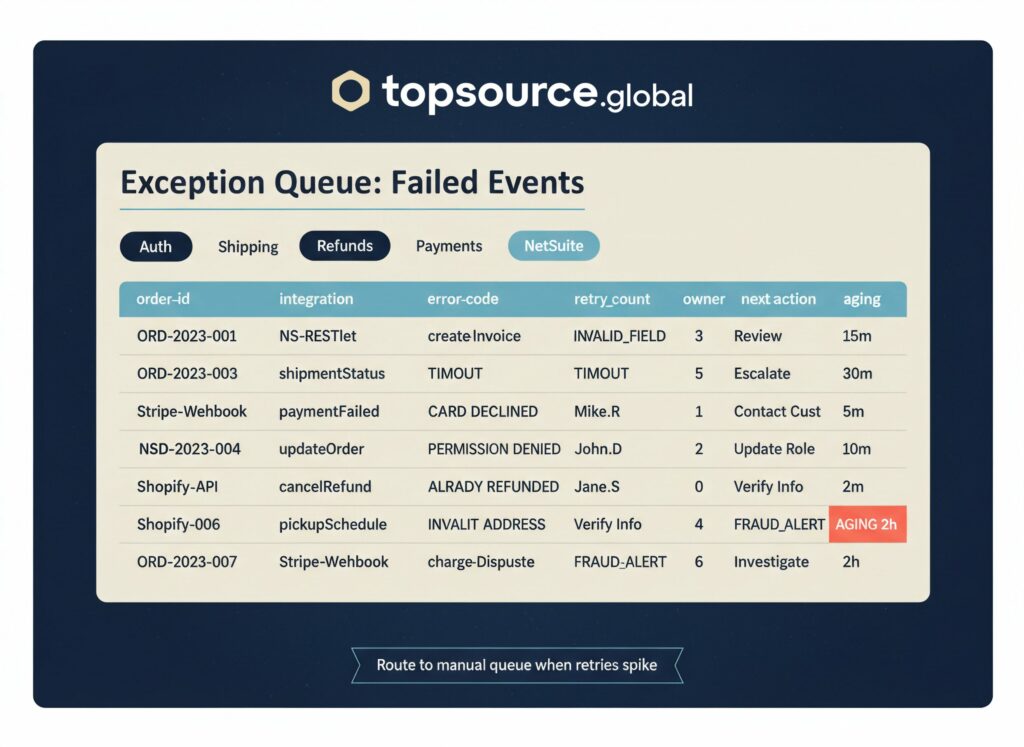 Exception queue interface for monitoring failed ecommerce integration events